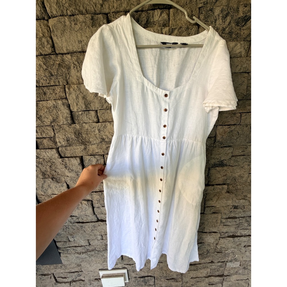 Lands End Button Front Linen Dress Women Small White Minimalist Cottagecore